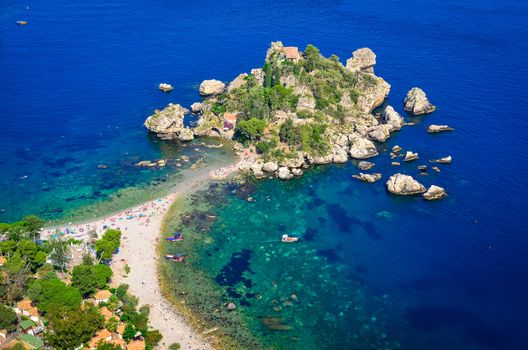 Aerial view of Isola Bella beach in Taormina, Sicily, Italy