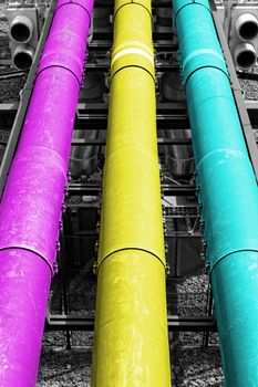 industrial pipes in a electricity power plant (CMY colors)