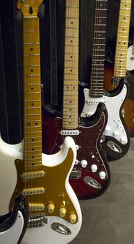 A roll of Electric Guitars in display for sale.