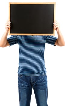 man holding blank banner blackboard