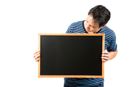 man holding blank banner blackboard