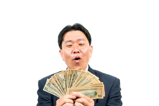 Businessman holding money isolated over white background