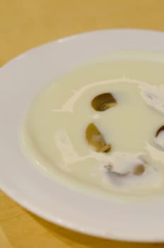 close up mushroom soup in white bowl