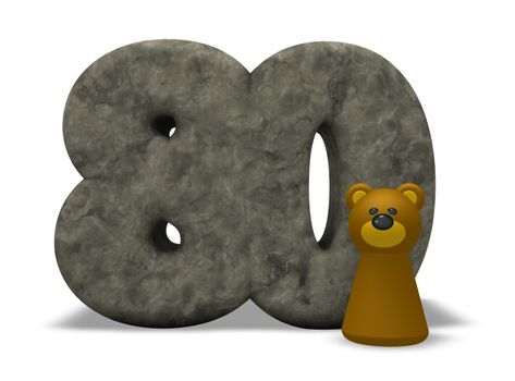 stone number eighty and brown bear - 3d illustration