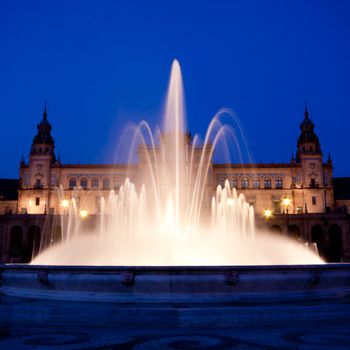 A view of the Plaza de Espana in Seville at dusk, Spain