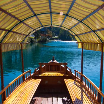 Interior of the traditional wooden boat in Bled, Slovenia