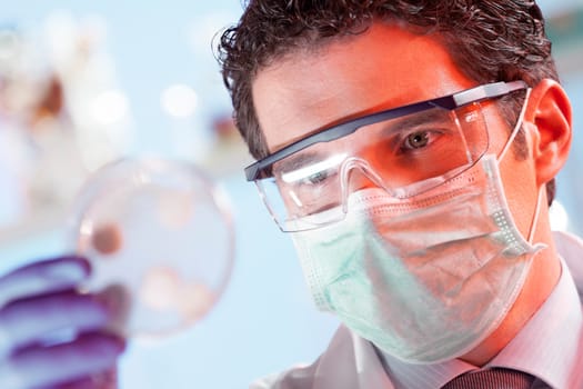 Mask protected life science professional observing the petri dish. Focus on scientist's eye.