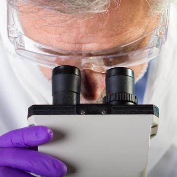 Focused senior life science professional routine screening the microscope slides in the cell laboratory. Lens focus on the researcher's face.