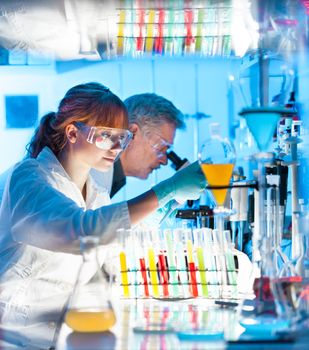 Attractive young female scientist and her senior male supervisor pipetting and microscoping in the life science research laboratory (biochemistry, genetics, forensics, microbiology..)