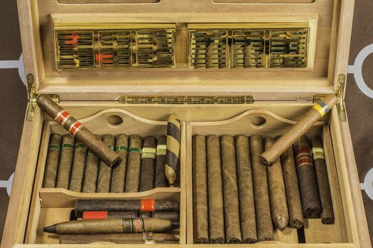 A large cigar humidor showing off a selection of smokes with the lid open.