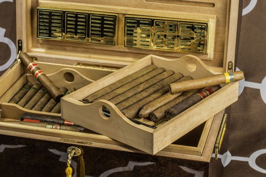 A large cigar humidor showing off a selection of smokes with the lid open.