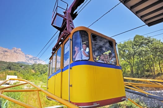 The funicular lifts people to AI-Petri mountain. Ukraine, Crimean Peninsula