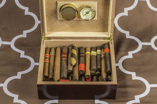 A cigar humidor showing off a selection of smokes with the lid open.