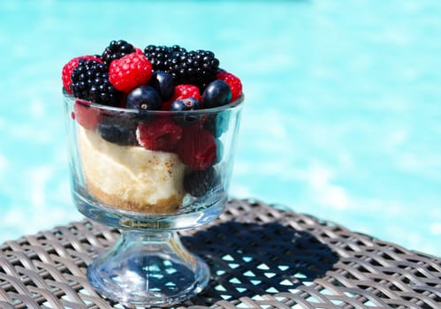 Morning dessert with fresh berries by the swimming pool