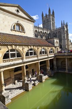 View from the Roman Baths across to Bath Abbey in Somerset.