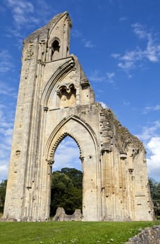 The historic ruins of Glastonbury Abbey in Somerset, England.