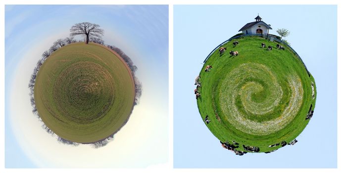 Two planet of countryside with church and cows in a meadow