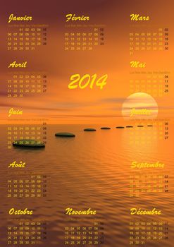 2014 calendar and grey stones steps upon ocean going to the sun by sunset in background