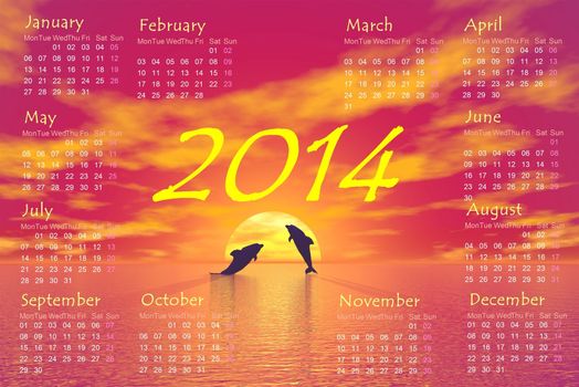 2'14 monthly calendar and shadow of two small dolphins jumping upon ocean toward the sun by red sunset in background