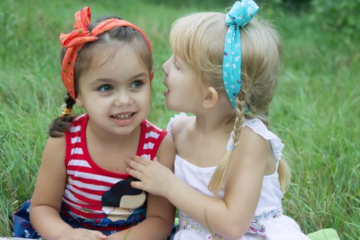 Two girls sharing secrets among grass
