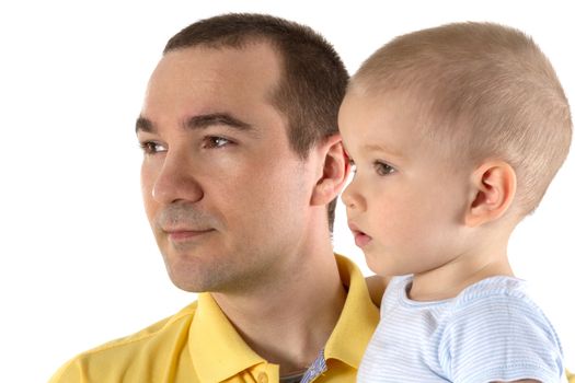 young man and child on white background