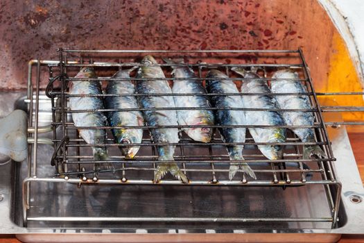 Fresh sardines on the grill, closeup