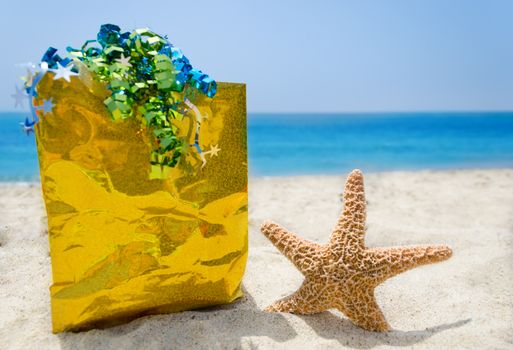 Starfish with gift bag on sandy beach in sunny day- holiday concept
