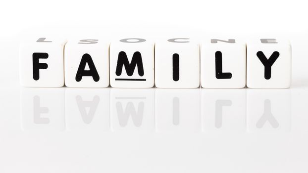 Family spelled in dice letters with reflection isolated on white background