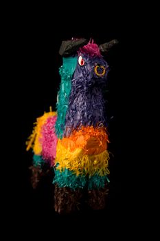 Colorful Mexican pinata decorated as bull isolated on black background