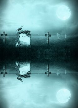 Gravestone in moonlight reflecting in a lake