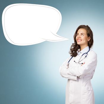 young woman doctor says cloud over his head, place for text