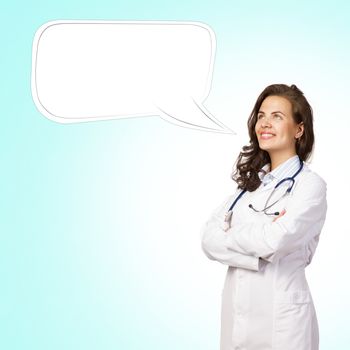 young woman doctor says cloud over his head, place for text