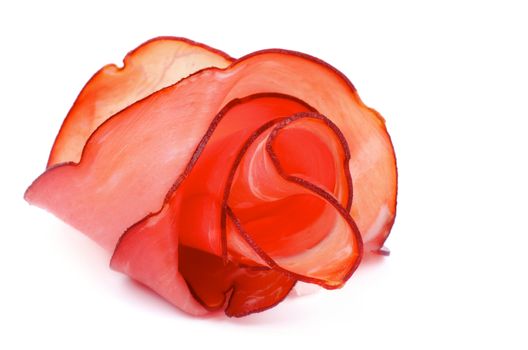 Arrangement of Delicious Prosciutto Slices like Rose isolated on white background