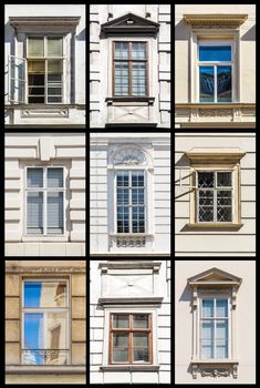 Collection of windows in historic buildings in Vienna, Austria