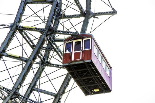 Gondola of ferris wheel at the Prater in Vienna, Austria, with the city in the background