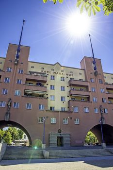 Karl Marx Hof Vienna sun backlight view in summer