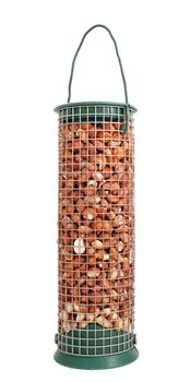 Bird feeder full of peanuts, isolated on a white background