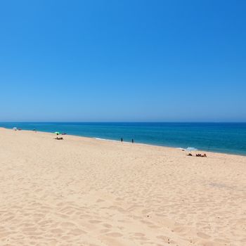 Beautiful tropical beach with bathers relaxing on an expanse of golden sand alongside a calm blue ocean in the summer sun