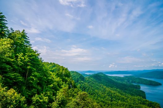 aerial views over South Carolina Lake Jocassee Gorges Upstate Mountains