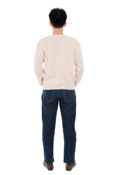Rear or back view full body casual Asian man standing isolated on white background. Asian male model.