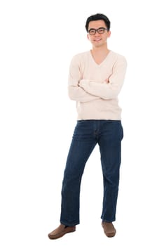 Front view full body Asian man in casual wear standing isolated on white background. Asian male model.