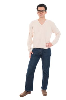 Full body Asian man in casual wear standing isolated on white background. Asian male model.