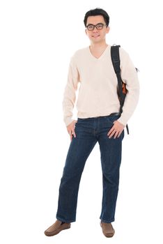 Front view full body Asian adult student in casual wear with school bag standing isolated on white background. Asian male model.
