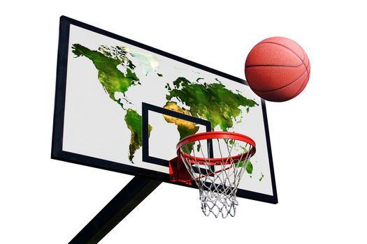 a basketball and a panel of basketball with a world map on a white background isolated