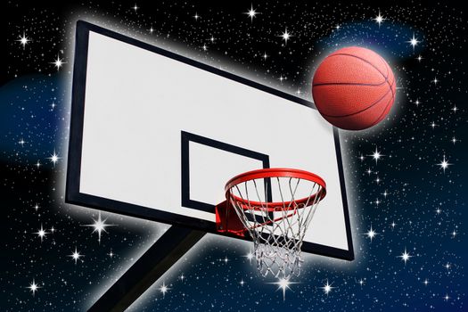 a basketball and a panel of basketball on a background of starry sky