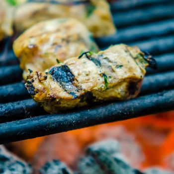 one shish kabob piece on grille over fire