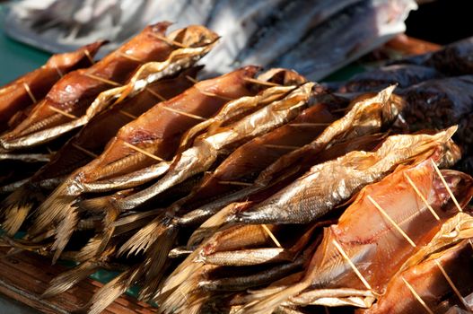 Omul fish at the Listvyanka market. Listvyanka urban-type settlement on Lake Baikal