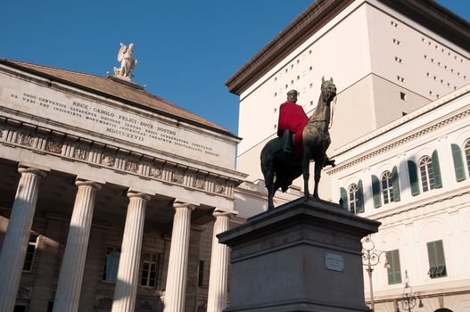 A statue of Giuseppe Garibaldi in front of Theater Carlo Felice on Piazza de Ferrari on Genoa. Italy.