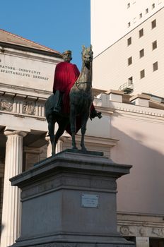 A statue of Giuseppe Garibaldi in front of Theater Carlo Felice on Piazza de Ferrari on Genoa. Italy.