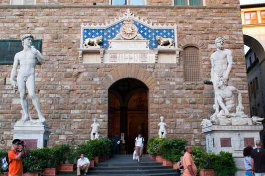 Entrance of Palazzo Vecchio at evening in Florence, Tuscany, Italy.